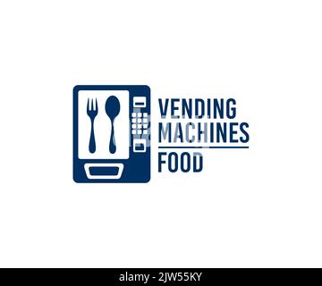 Distributori automatici in vendita di cibo e snack, logo design. Acquisto di prodotti alimentari in imballaggi e imballaggi alimentari, vendita o vendita automatica, consumo Illustrazione Vettoriale