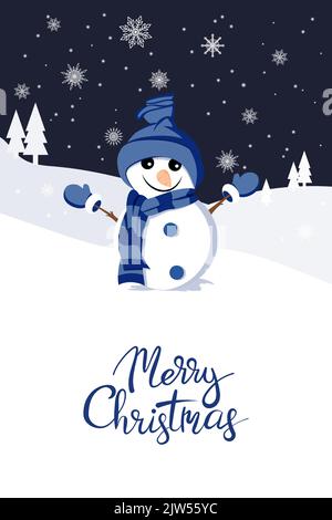 Biglietto di auguri di Natale con un carino pupazzo di neve sullo sfondo invernale con fiocchi di neve. Vettore Illustrazione Vettoriale