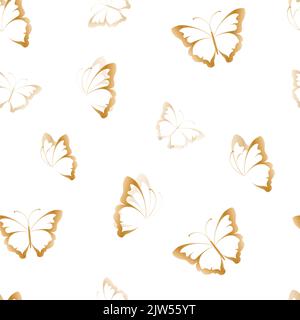 Motivo a farfalla senza cuciture. Farfalle dorate lucide su sfondo bianco. Illustrazione Vettoriale