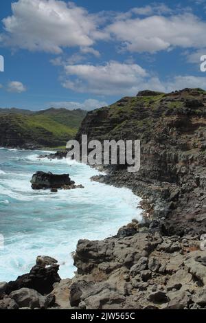 Scogliera rocciosa, alcune con vegetazione, altre arida e aspra, incontrando l'Oceano Pacifico sulla costa di Maui, Hawaii, USA Foto Stock