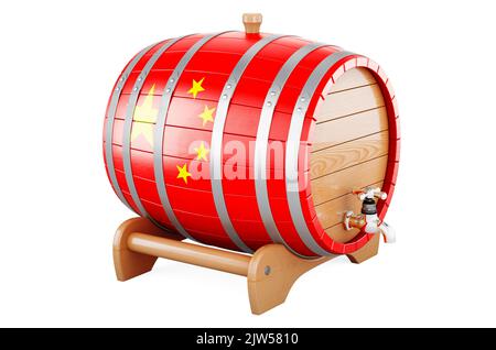 Barile di legno con bandiera cinese, 3D rendering isolato su sfondo bianco Foto Stock