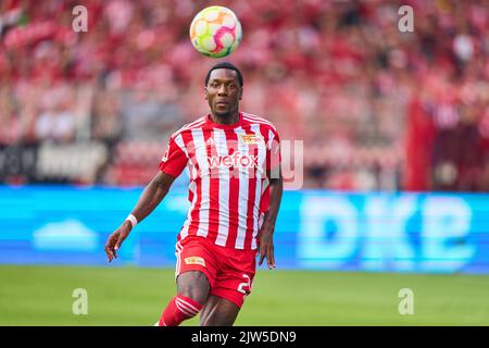 Sheraldo BECKER, Union Berlin 27 nella partita 1.FC UNION BERLIN - FC BAYERN MUENCHEN 1-1 1.German Football League il 3 settembre 2022 a Berlino, Germania. Stagione 2022/2023, giorno 5, 1.Bundesliga, FCB, München, 5.Spieltag. © Peter Schatz / Alamy Live News - LE NORMATIVE DFL VIETANO L'USO DELLE FOTOGRAFIE come SEQUENZE DI IMMAGINI e/o QUASI-VIDEO - Foto Stock