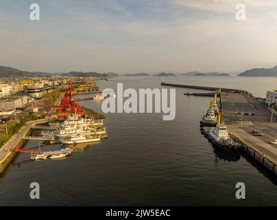 Fila di rimorchiatori attraccati di fronte alla piccola flotta di pattuglie nel porto Foto Stock