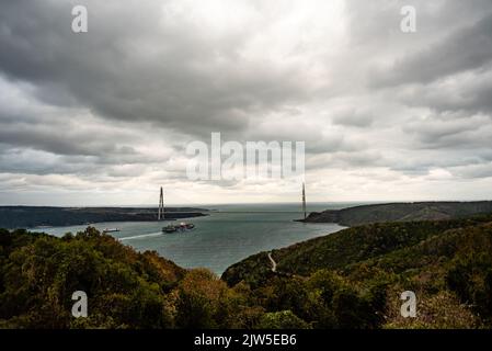 nave da carico che trasporta in mare su sfondo nuvoloso e ponte, commercio internazionale Foto Stock