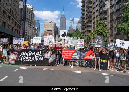 NEW YORK, NY - 27 AGOSTO 2022: Centinaia di attivisti per i diritti degli animali partecipano al Animal Rights March NYC per protestare contro gli abusi sugli animali e contro Dior An Foto Stock