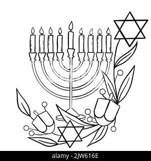 Illustrazione della composizione del menorah di Hanukkah con candele, stella di david ed elementi floreali. Concetto di carta di festa religiosa ebraismo ebreo fede ortodossa. Festive israeli hanukah oggetti sacri design in semplice stile cartone animato minimalista Foto Stock