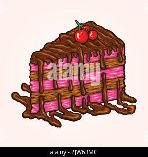 Delicious compleanno torta ciliegia fetta illustrazione monocromatica vettoriale illustrazioni per il vostro logo di lavoro, merchandise t-shirt, adesivi e disegni di etichette Illustrazione Vettoriale