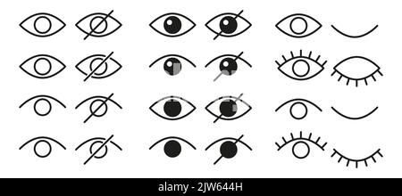 Icone di hidding password impostate. Icone per la privacy dei dati e il contrassegno del contenuto sensibile. Illustrazione vettoriale del contorno Illustrazione Vettoriale