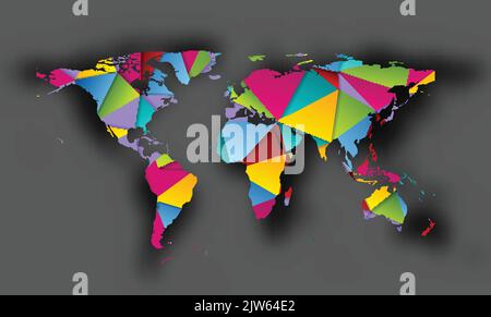 Mappa del mondo poligonale colorata con ombra su sfondo grigio. Disegno grafico vettoriale Illustrazione Vettoriale