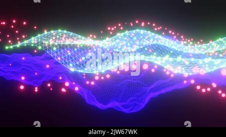 Cyber wireframe in movimento. Background tecnico. Superfici matematiche con luci in movimento. Spazio astratto futuristico. Rendering 3D. Foto Stock