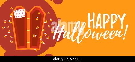 Modello di banner Web di Halloween per le feste. Vista dall'alto sulla caffetteria all'aperto con cuscini e caramelle di mais. Banner del messaggio di saluto con illustrazione vettoriale. Buon Halloween Illustrazione Vettoriale