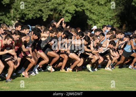 Una visione generale dei corridori al via della gara maschile durante il Mark Covert Cross Country Invitational, sabato 3 settembre 2022, a Brea, calib. Foto Stock