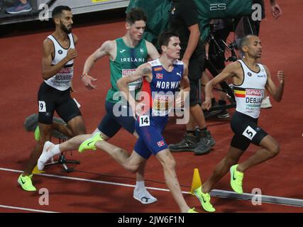 Tarik Moukrime del Belgio , Jakob Ingebrigsten della Norvegia , Luke McCann e Ismael Debjani del Belgio durante i Campionati europei di atletica 2022 del 15 agosto 2022 a Monaco di Baviera, Germania - Foto Laurent Lairys / DPPI Foto Stock