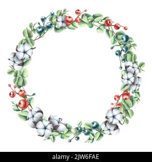 Corona di Natale fatta di rametti di eucalipto, con cotone e bacche. Illustrazione acquerello. Cornice rotonda da un grande set di INVERNO ACCOGLIENTE. Per Foto Stock