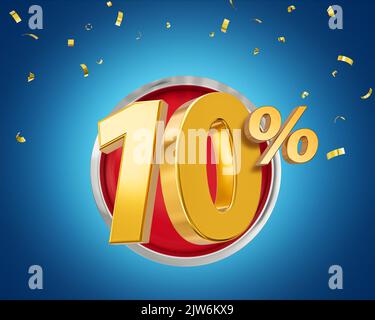 Un'illustrazione dorata di rendering 3D di un banner di vendita con sconto del 10% con confetti Foto Stock