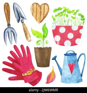 Set di acquerelli per giardinaggio e piantine. Illustrazione isolata su sfondo bianco. Per creare composizioni, biglietti, stampe e decorazioni. Foto Stock