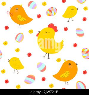 Polli di Pasqua senza cuciture. Illustrazione tradizionale di polli gialli e uova di pasqua. Per la progettazione di carta da imballaggio, carte, vestiti e te Foto Stock