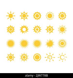 Set di icone del vettore sole e raggi. Semplici icone piene di sole. Illustrazione Vettoriale