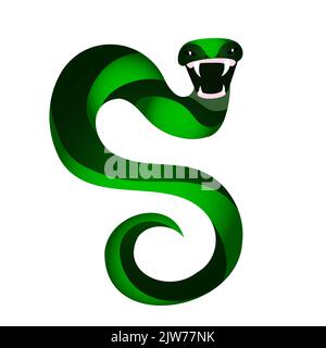 Serpente verde con grafica vettoriale a fangs nitida in stile cartoon piatto isolato su sfondo bianco Illustrazione Vettoriale