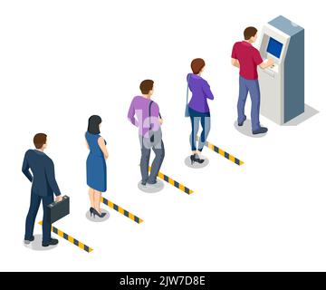 Uomo isometrico in attesa dell'inserimento della carta di credito da ATM Machine. Bancomat di una banca. Macchina automatica per la lavorazione del teller Illustrazione Vettoriale