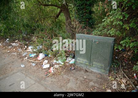 Spazzatura o spazzatura sul lato di una strada a Londra, Inghilterra. Una vista poco attraente. Un ambiente malsano. Foto Stock