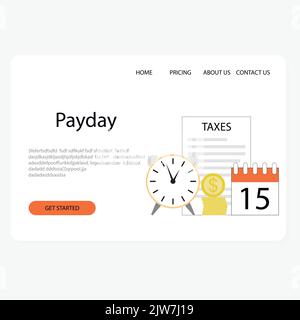 Pagina di destinazione giorno di paga, tempo di pagamento stipendio fiscale e salari. Illustrazione vettoriale. Calendario dei pagamenti, budget per l'occupazione, concetto di denaro, repor dei dati aziendali Illustrazione Vettoriale