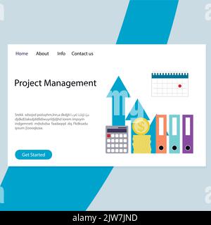 Servizio di project management per aziende e start up, landing page. Illusione vettoriale. Gestione di startup di affari, disegno di Web site, banner di mercato, cr Illustrazione Vettoriale