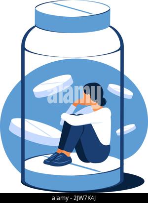 Concetto di antidepressivi. La donna depressa è seduta intrappolata in una bottiglia della pillola. Medicina. Dipendenza. Piatto. Illustrazione vettoriale. Illustrazione Vettoriale