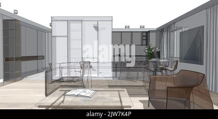 Illustrazione dell'interno. Illustrazione di un appartamento in stile blueprint. Foto Stock