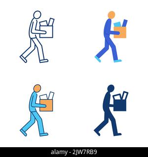 Uomo scartato con icona a forma di casella impostata in stile piatto e linea. Sparato uomo che trasporta la scatola con le cose. Illustrazione vettoriale. Illustrazione Vettoriale
