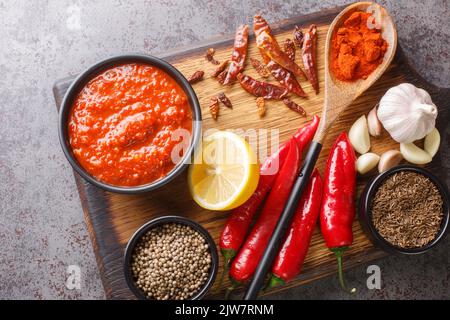 Tradizionale pasta di salsa al peperoncino piccante harissa fatta in casa con aglio e olio d'oliva sulla ciotola su un asse di legno con ingredienti per lo spicchio. Orizzontale t Foto Stock