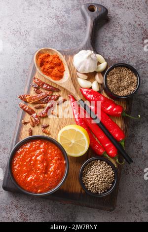 Salsa tradizionale con pasta di peperoncino caldo harissa in ciotola su asse di legno con ingredienti primo piano. Vista verticale dall'alto Foto Stock