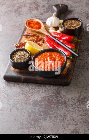 Salsa tradizionale con pasta di peperoncino caldo harissa in ciotola su asse di legno con ingredienti primo piano. Verticale Foto Stock