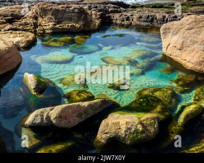 Le fantastiche piscine rocciose della spiaggia di Rinsey. Piscine di acqua tropicale limpida, ideali per nuotare nella natura selvaggia. Foto Stock