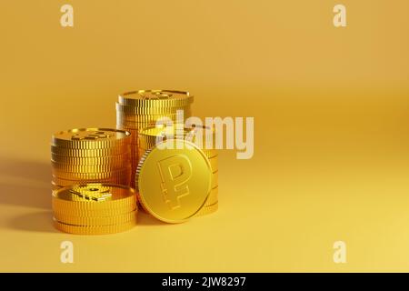 Monete d'oro con segno rublo su sfondo giallo con spazio copia. illustrazione 3d. Foto Stock