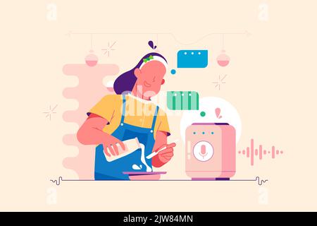 Donna cucina piatto in cucina e utilizzando smart speaker Illustrazione Vettoriale