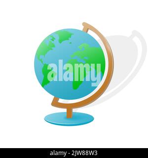 Globo in piedi isolato su sfondo bianco. Un ausilio visivo è un modello del globo, di solito in rotazione su un piedistallo. Illustrazione vettoriale. Illustrazione Vettoriale