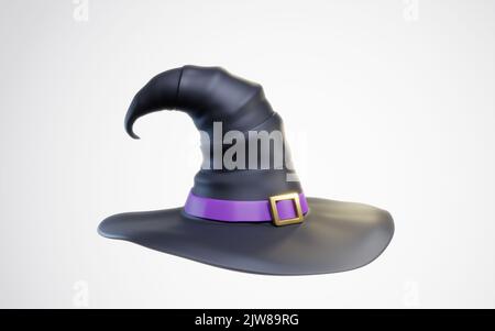 Cappello nero di strega, costume di Halloween isolato su sfondo bianco. illustrazione 3d Foto Stock