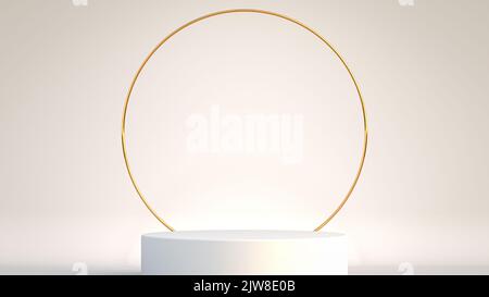 3d presentazione espositore di prodotto con rocce bianche e anello dorato su un podio cilindrico o mais di granito su sfondo beige studio Foto Stock