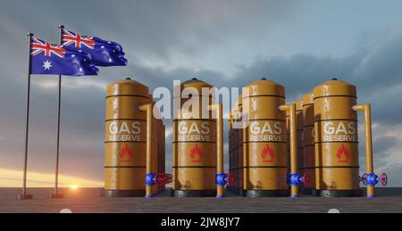 Riserva di gas Australia, serbatoio di stoccaggio di gas Australia, serbatoio di gas naturale Australia con bandiera Australia, sanzione sul gas, 3D lavoro e 3D immagine Foto Stock