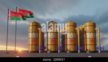 Riserva di gas Bielorussia, giacimento di gas Bielorussia, serbatoio di gas naturale Bielorussia con bandiera Bielorussia, sanzione sul gas, 3D lavoro e 3D immagine Foto Stock