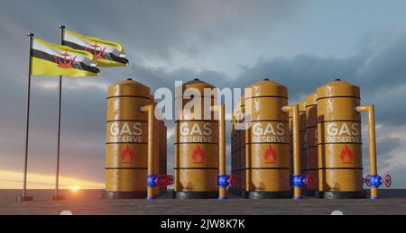 Riserva di gas Brunei, serbatoio di gas Brunei, serbatoio di gas naturale Brunei con bandiera Brunei, sanzione sul gas, 3D opera e 3D immagine Foto Stock