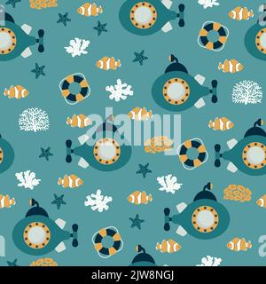 Modello vettoriale senza cuciture con sottomarino, lifeboa, pesce pagliaccio, alghe, stelle marine.creature cartoni animati sottomarini.sfondo marino.modello oceanico carino per Illustrazione Vettoriale