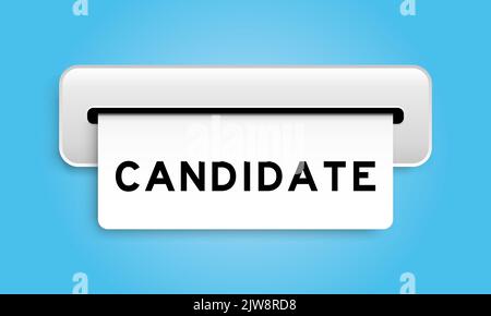 Banner coupon bianco con parola candidato dalla macchina su sfondo di colore blu Illustrazione Vettoriale