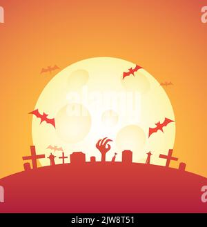 Poster di Halloween con cimitero a luna piena. Biglietto d'auguri o invito a una festa - illustrazione vettoriale. Illustrazione Vettoriale