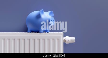 Risparmio sui costi energetici in inverno. Banco di porcellini su radiatore di riscaldamento con termostato, sfondo parete blu, vista frontale. rendering 3d Foto Stock