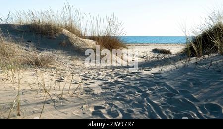 Dune e impronte su una spiaggia di Huelva, Spagna con l'Oceano Atlantico sullo sfondo Foto Stock