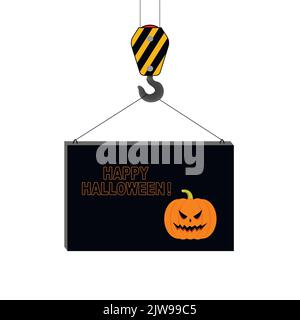 Concetto di Halloween. La gru solleva il blocco con il banner. Illustrazione Vettoriale