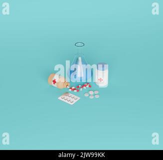 3D cartoon stile apparecchiature mediche, oggetti medici realistici isometrici set su sfondo colore, 3D rendering di farmaci e pillole. Foto Stock