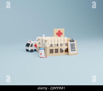 Emergenza isometrica con apparecchiatura medica 3D rendering, farmaci sanitari e pillole isometriche. Foto Stock